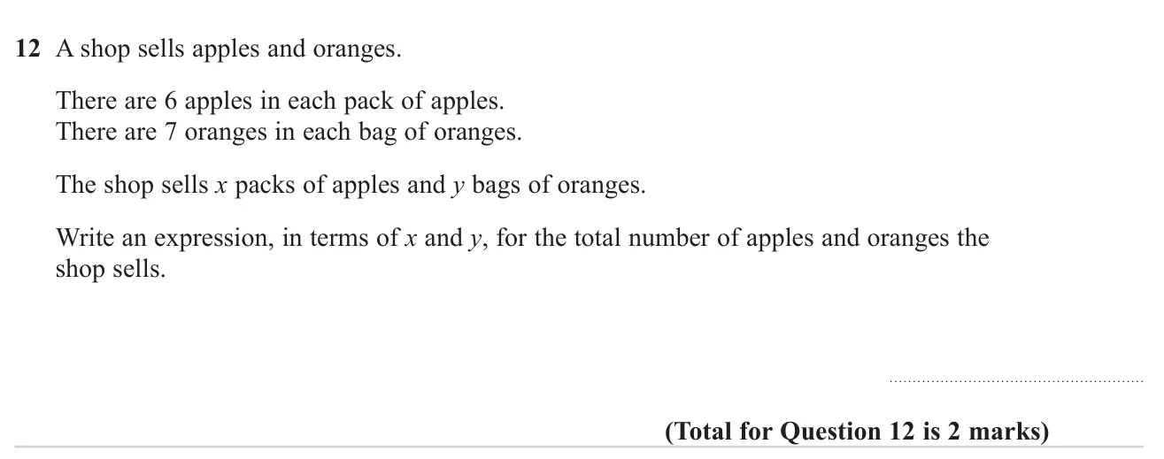 Write an algebraic expression for the total number of fruit sold from packs and bags.