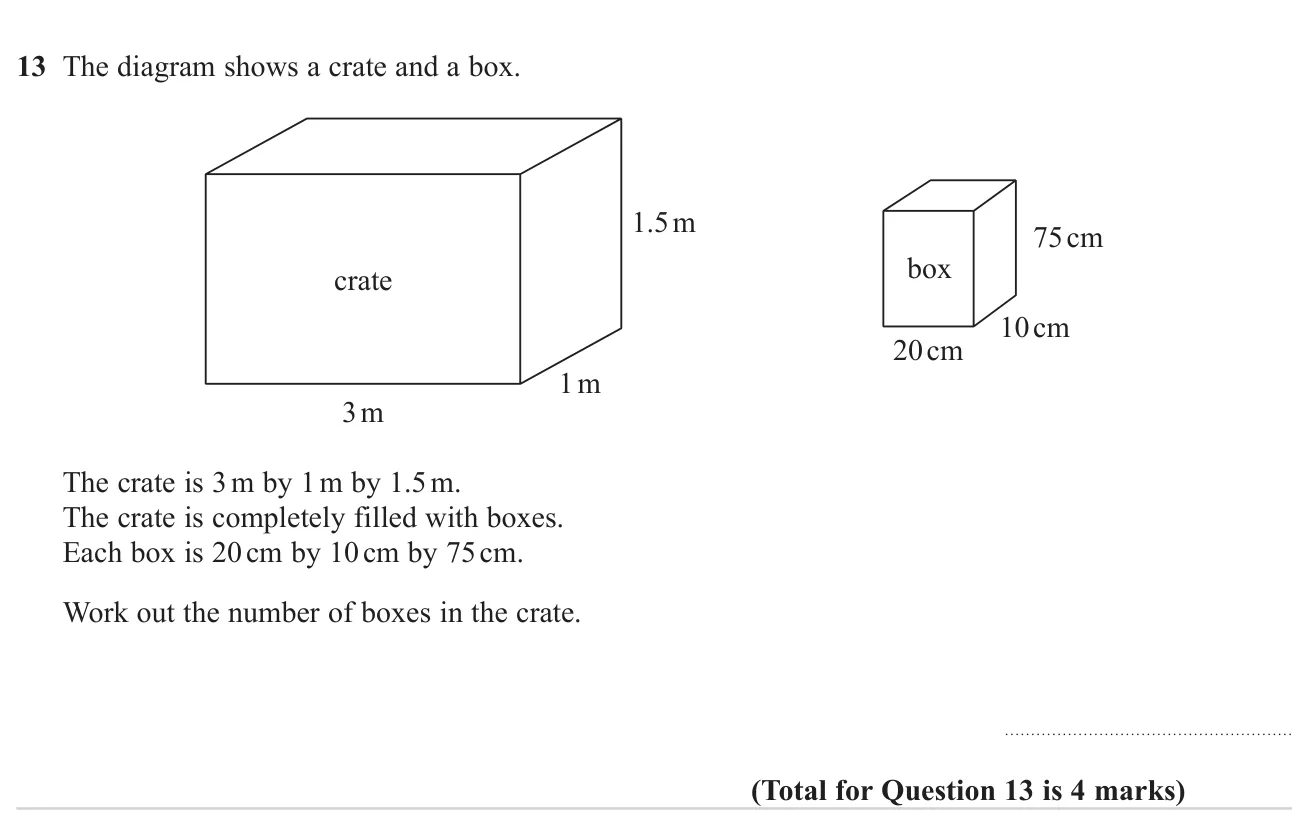 Work out how many cuboid boxes fill a larger cuboid crate given in different units.
