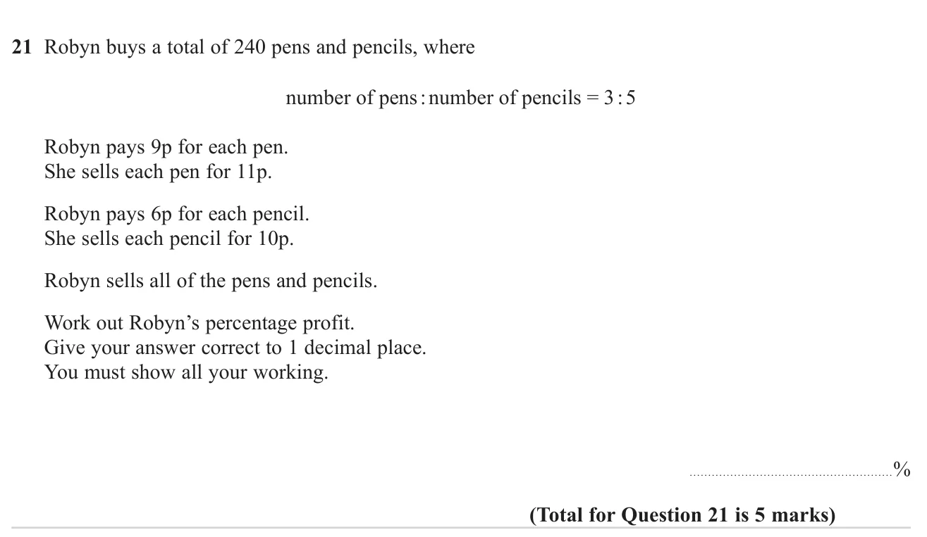 Share a total in a ratio and use buying and selling prices to find the percentage profit.