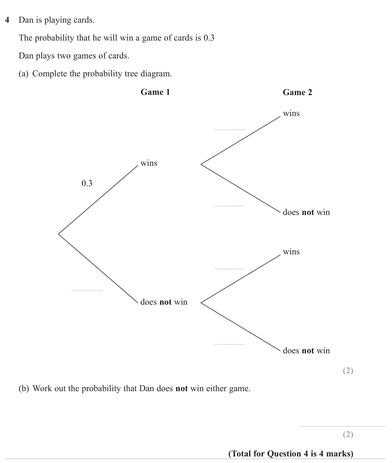 Complete a probability tree for two games and find the chance of losing both.