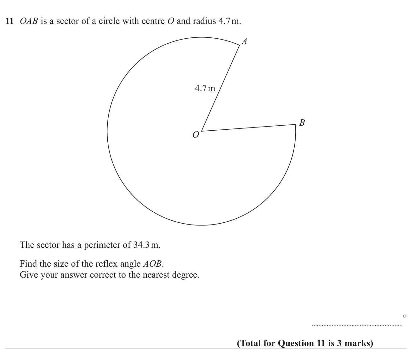 Use the perimeter of a sector to find its reflex angle.