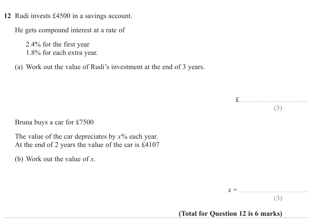 Find a compound-interest total with different rates across years, then find a yearly depreciation rate from a start and end value.