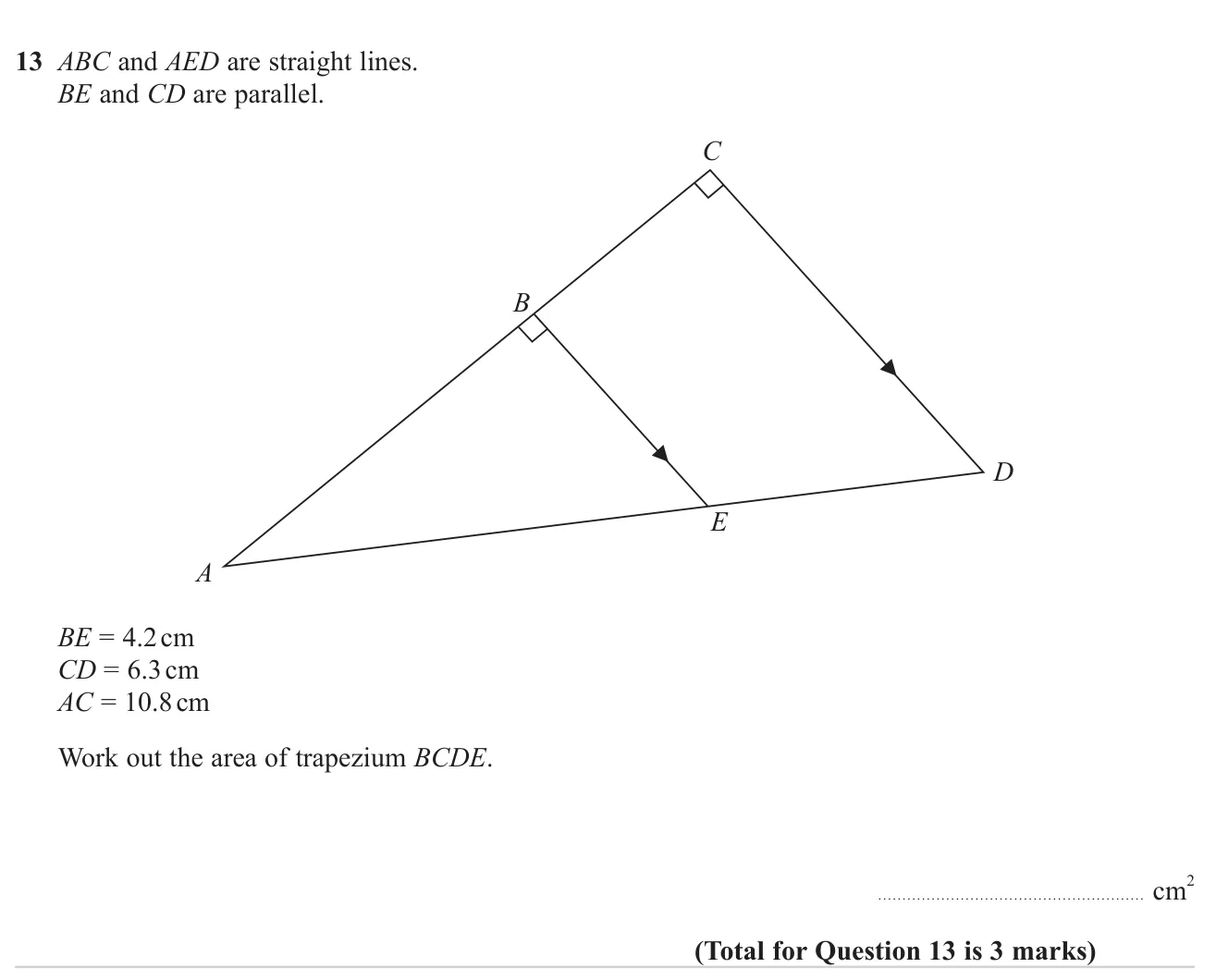 Use similar triangles to find a missing length and then the area of a trapezium.