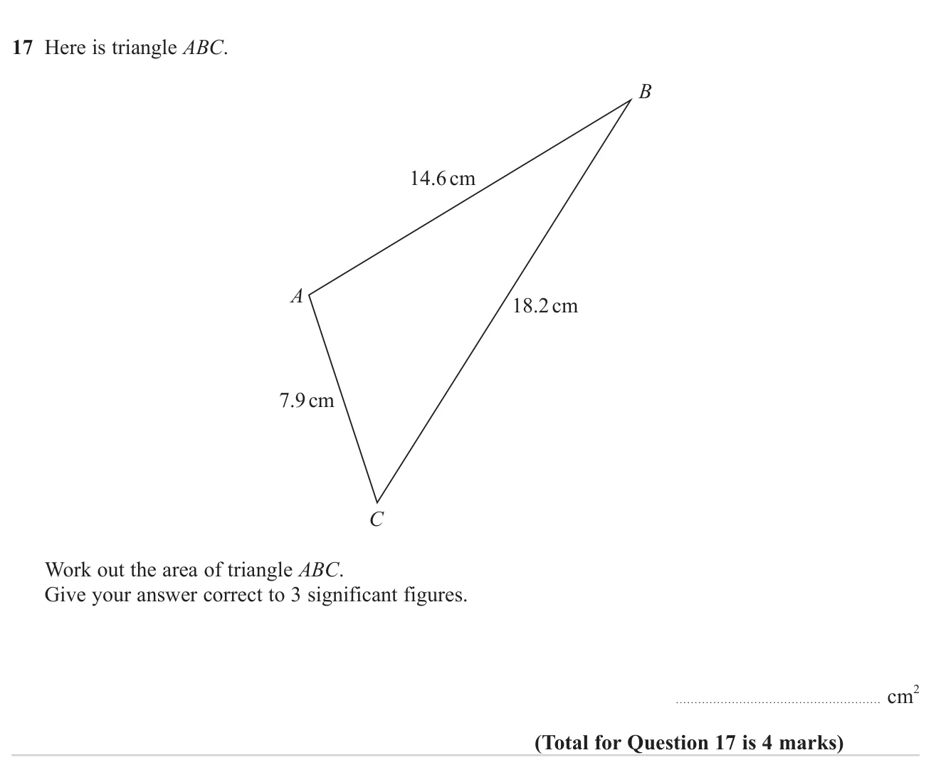 Find the area of a triangle given all three sides, using the cosine rule then ½ab sin C.